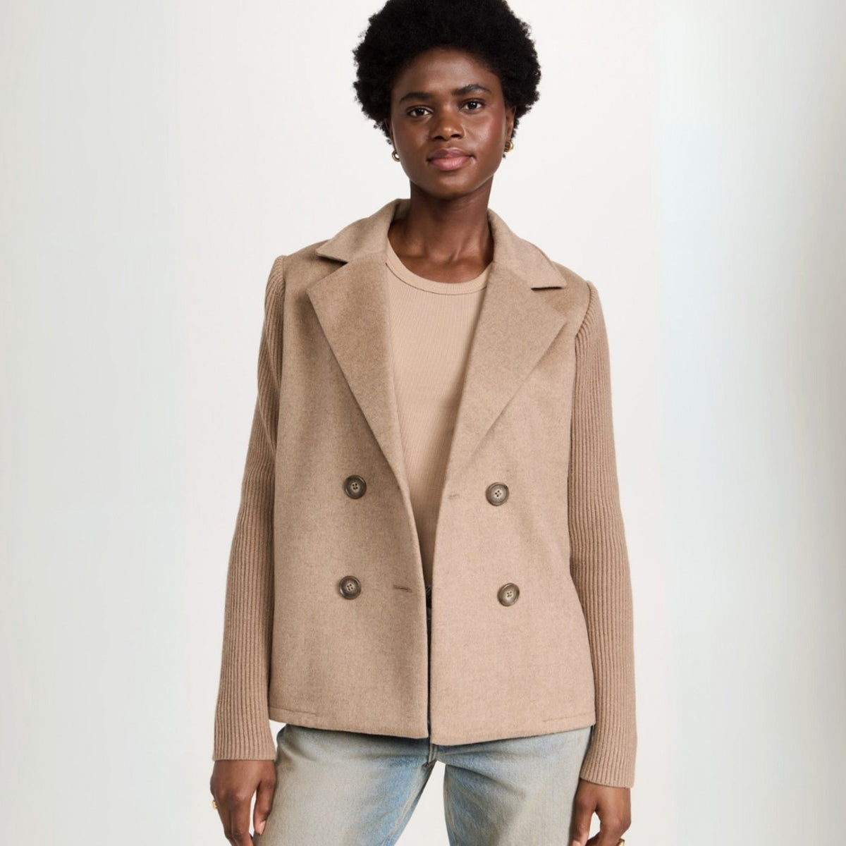 Agathe | Blazer pour Femme Double Boutonnage Manches Côtelées Aspect Laine - Kaki