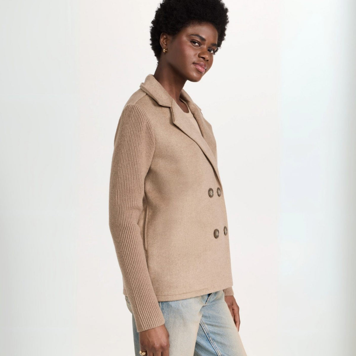 Agathe | Blazer pour Femme Double Boutonnage Manches Côtelées Aspect Laine - Kaki