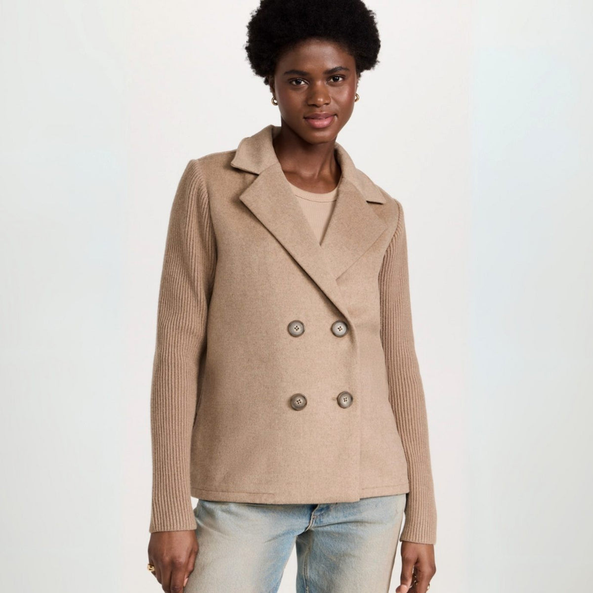 Agathe | Blazer pour Femme Double Boutonnage Manches Côtelées Aspect Laine - Kaki