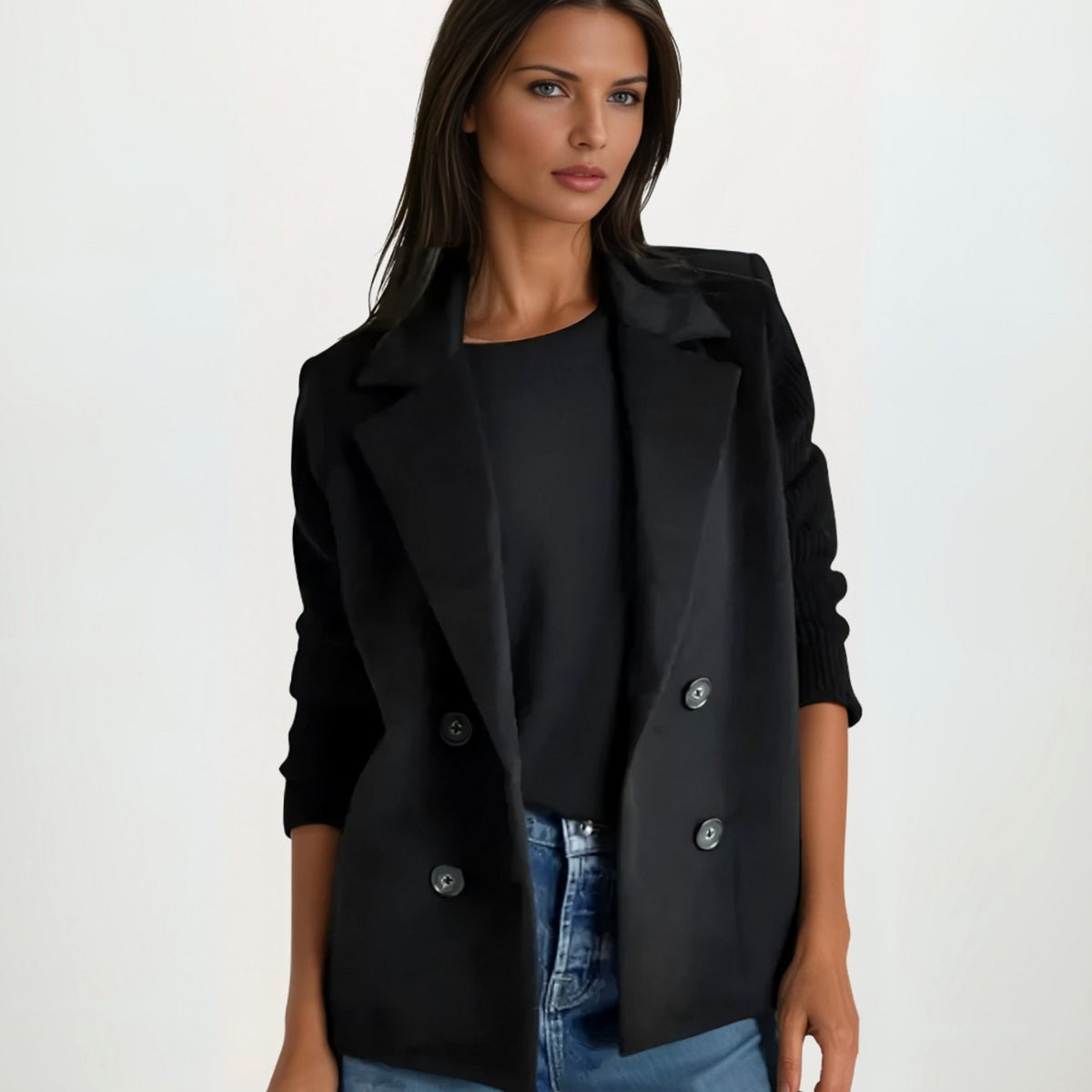 Agathe | Blazer pour Femme Double Boutonnage Manches Côtelées Aspect Laine - Noir