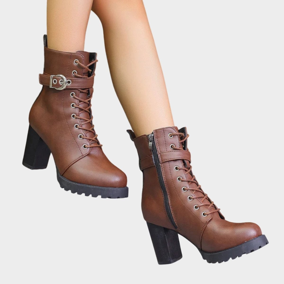 Agathe | Bottes pour Femme Talon Bloc Lacets Métal Boucle Côté - Marron
