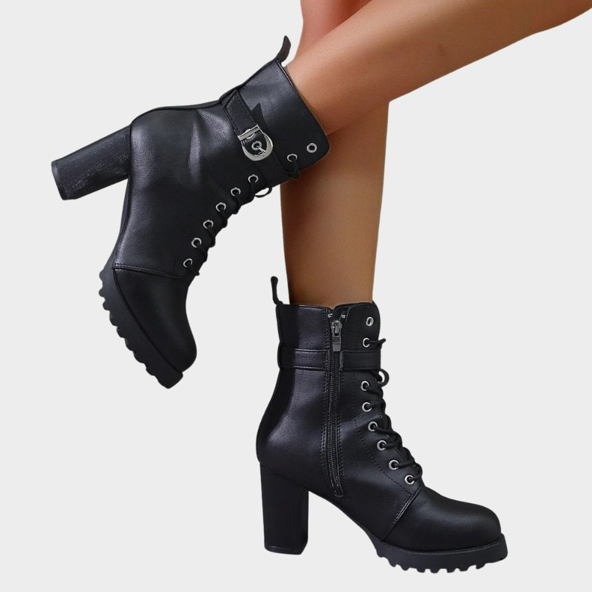 Agathe | Bottes pour Femme Talon Bloc Lacets Métal Boucle Côté - Noir