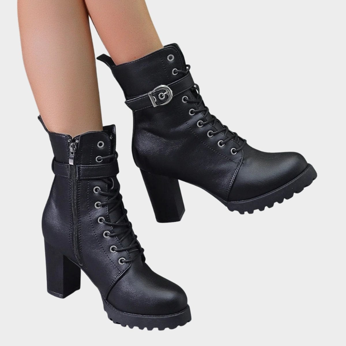 Agathe | Bottes pour Femme Talon Bloc Lacets Métal Boucle Côté - Noir