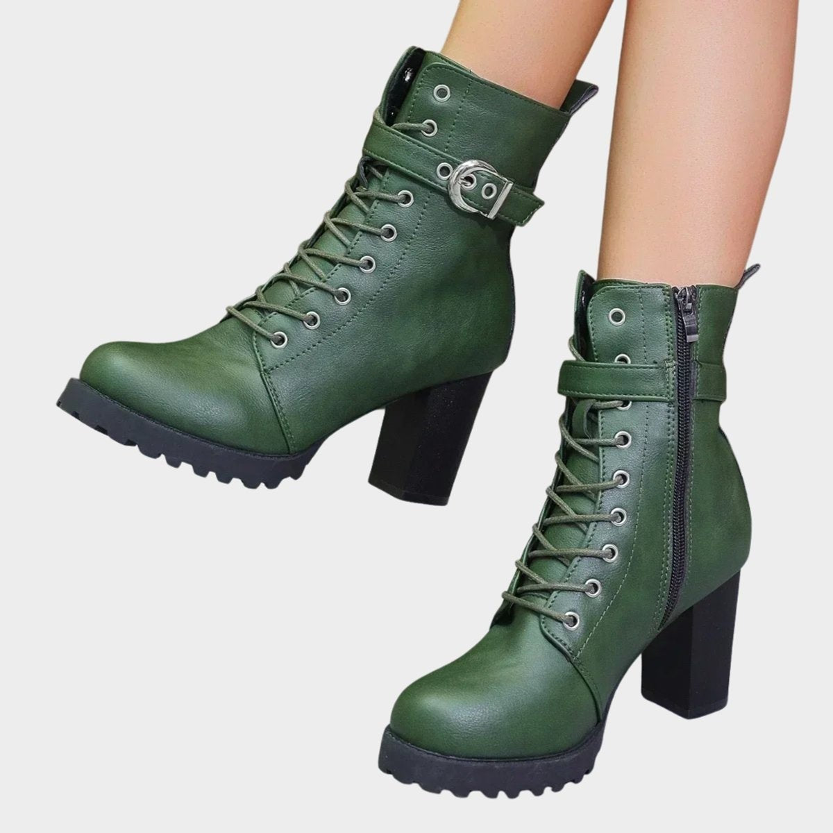 Agathe | Bottes pour Femme Talon Bloc Lacets Métal Boucle Côté - Vert