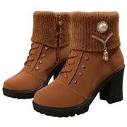 Agathe | Bottines pour Femme Talon Massif Doublure Peluche Garniture Fourrure - Marron
