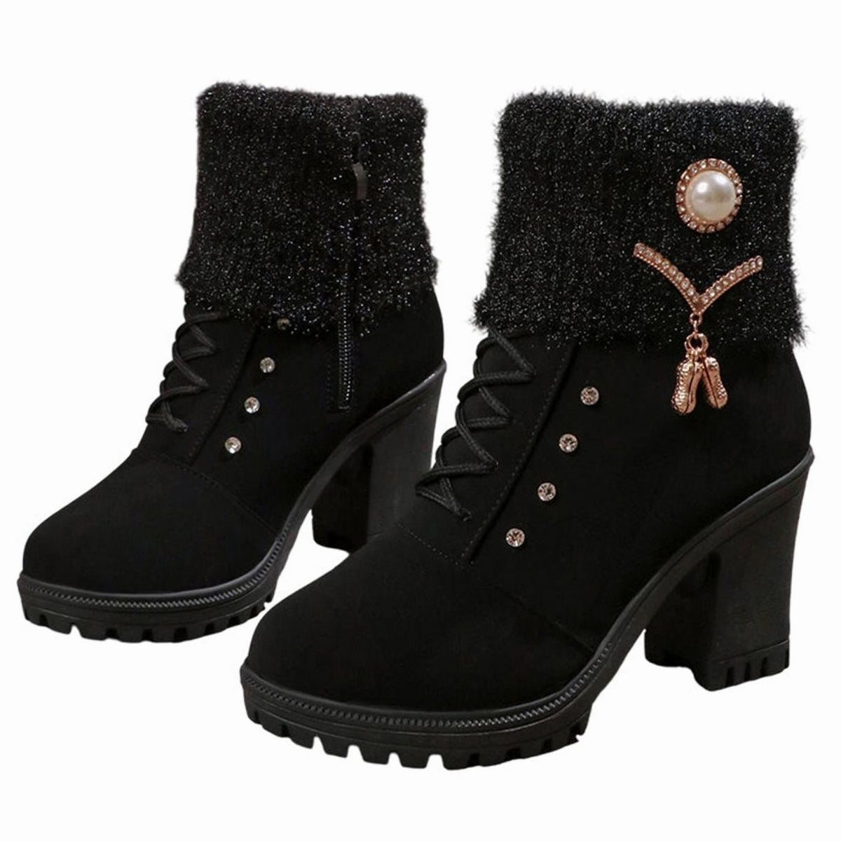 Agathe | Bottines pour Femme Talon Massif Doublure Peluche Garniture Fourrure - Noir