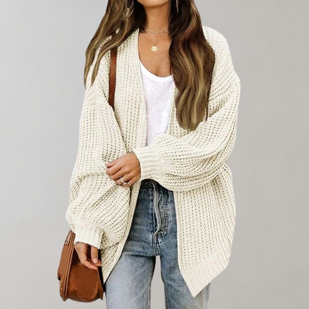 Agathe | Cardigan pour Femme Coupe Ample Devant Ouvert Tricot Motif Discret - Blanc