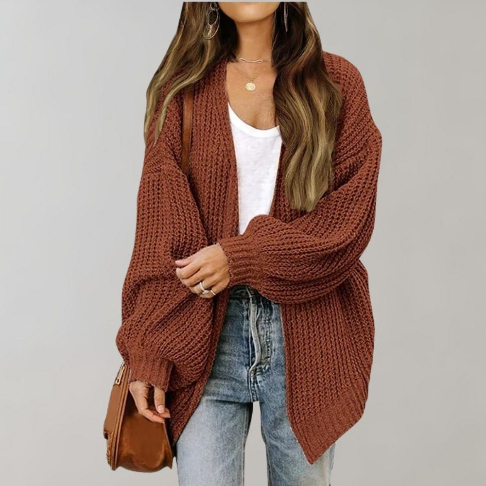 Agathe | Cardigan pour Femme Coupe Ample Devant Ouvert Tricot Motif Discret - Café