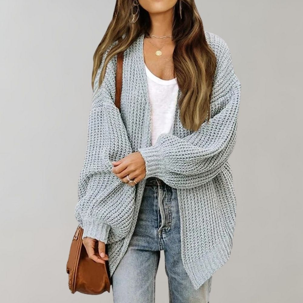 Agathe | Cardigan pour Femme Coupe Ample Devant Ouvert Tricot Motif Discret - Gris