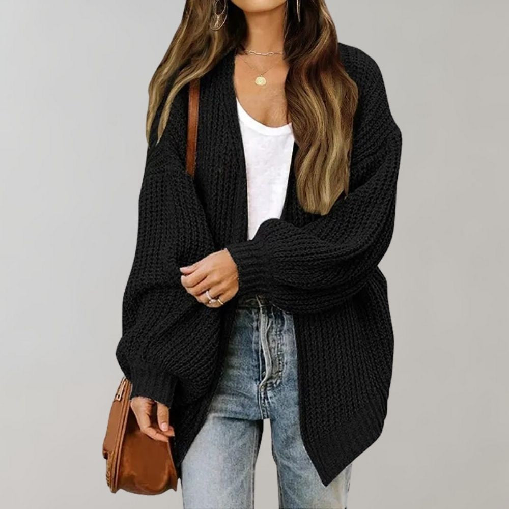 Agathe | Cardigan pour Femme Coupe Ample Devant Ouvert Tricot Motif Discret - Noir