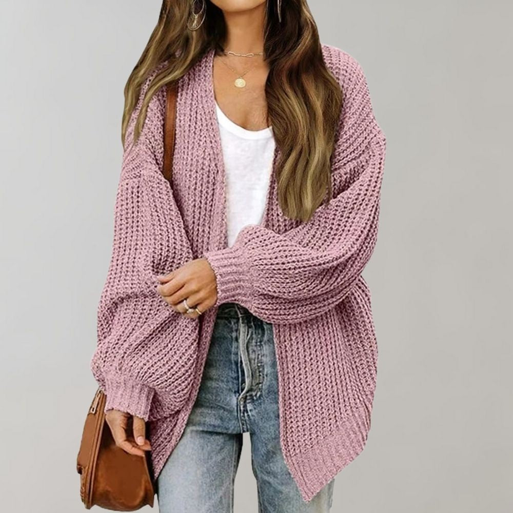Agathe | Cardigan pour Femme Coupe Ample Devant Ouvert Tricot Motif Discret - Rose