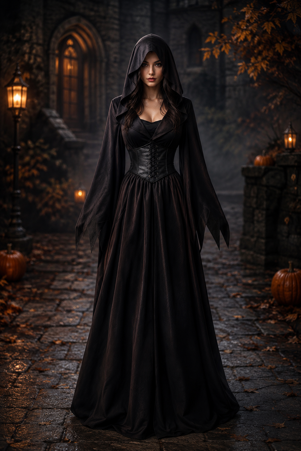 Agathe | Déguisement Halloween Femme Gothique à Capuche Corset simili-cuir Manches Pointues Robe - Noir