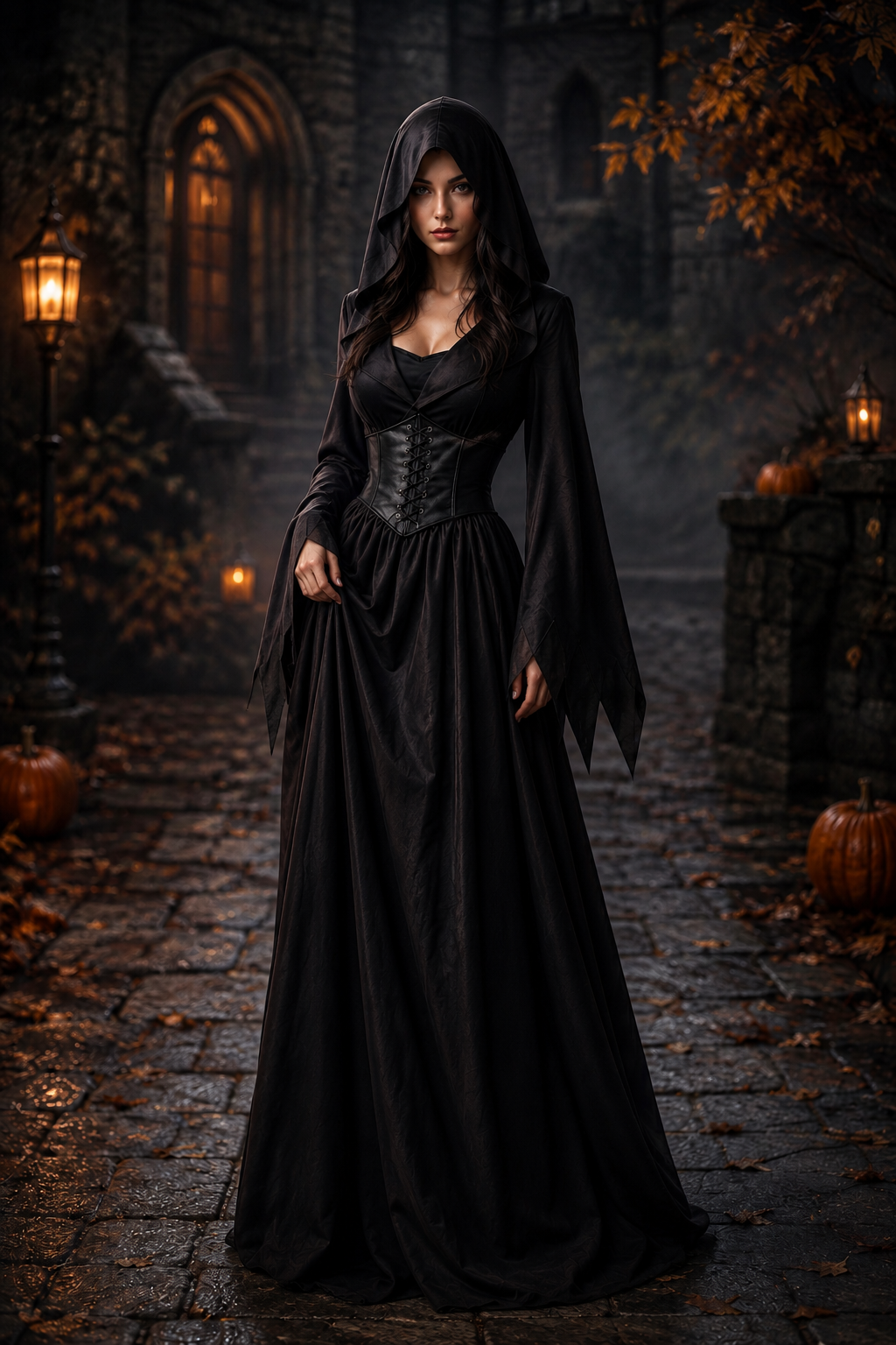 Agathe | Déguisement Halloween Femme Gothique à Capuche Corset simili-cuir Manches Pointues Robe - Noir