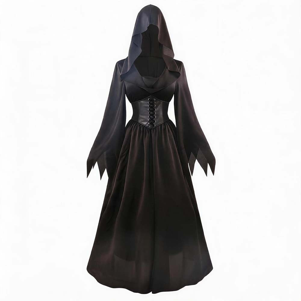 Agathe | Déguisement Halloween Femme Gothique à Capuche Corset simili-cuir Manches Pointues Robe - Noir