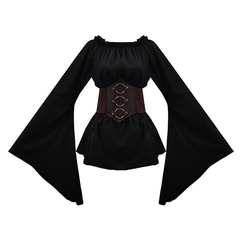 Agathe | Déguisement Halloween Femme Robe Corset Épaules Dénudées Manches Cloche - Noir