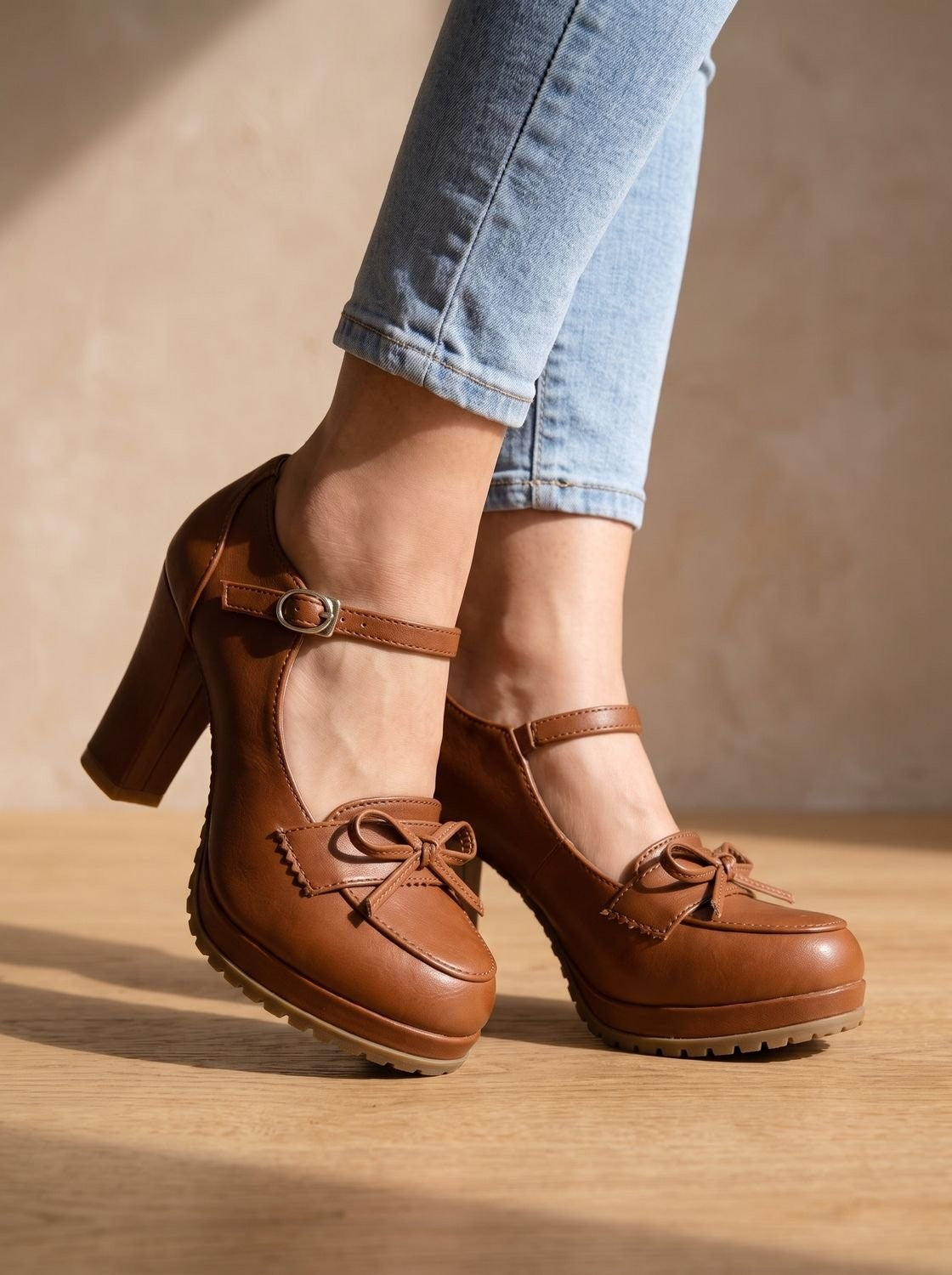 Agathe | Escarpins Mary Jane pour Femme Talon Bloc Nœud Bride Cheville - Marron