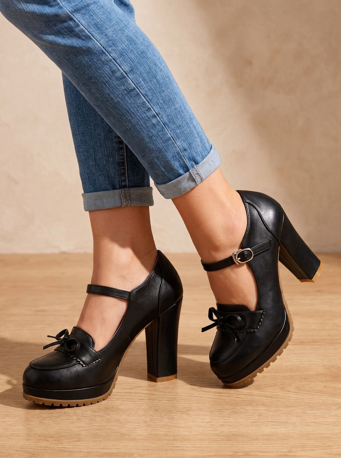 Agathe | Escarpins Mary Jane pour Femme Talon Bloc Nœud Bride Cheville - Noir