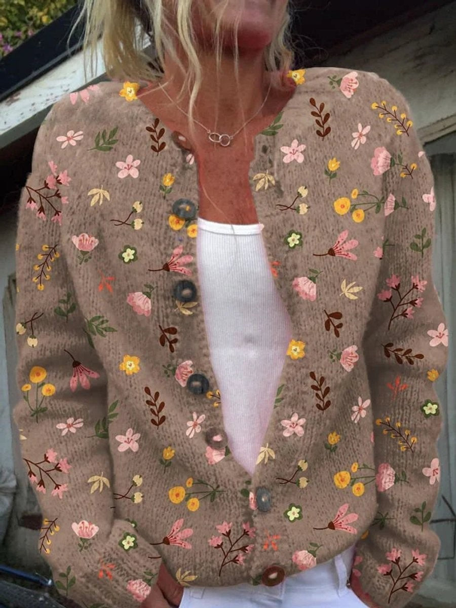 Agathe | Gilet pour Femme Manches Longues Motif Floral Boutonné Coupe Ample - Beige