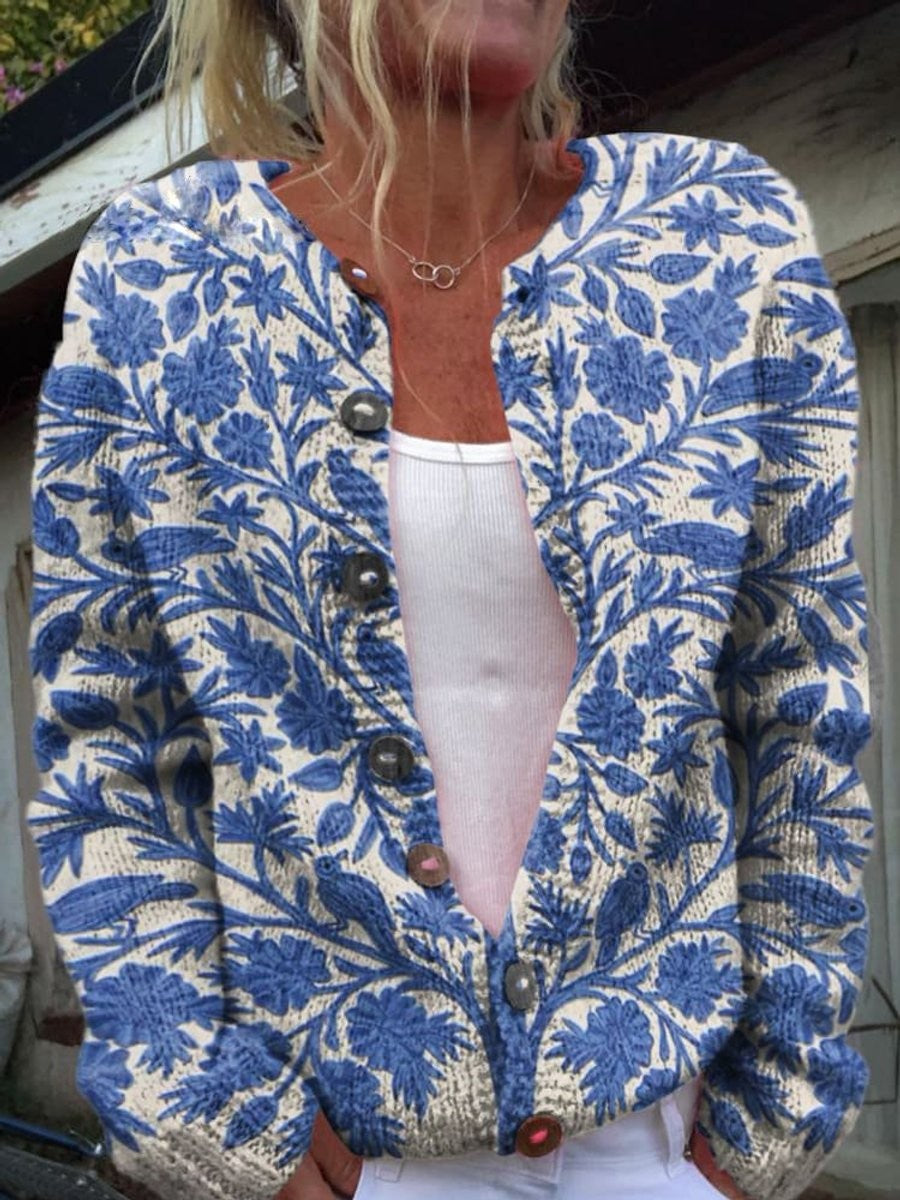Agathe | Gilet pour Femme Manches Longues Motif Floral Boutonné Coupe Ample - Style 1