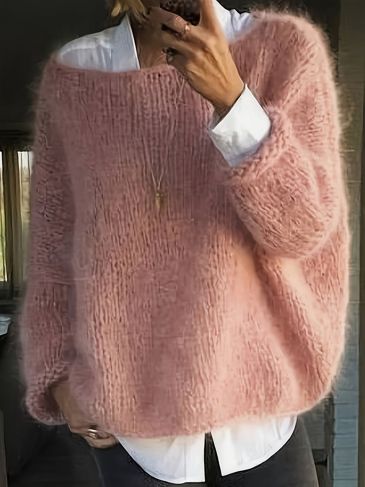 Agathe | Pour Femme Pull Oversize Col Rond Ample Décontracté - Rose