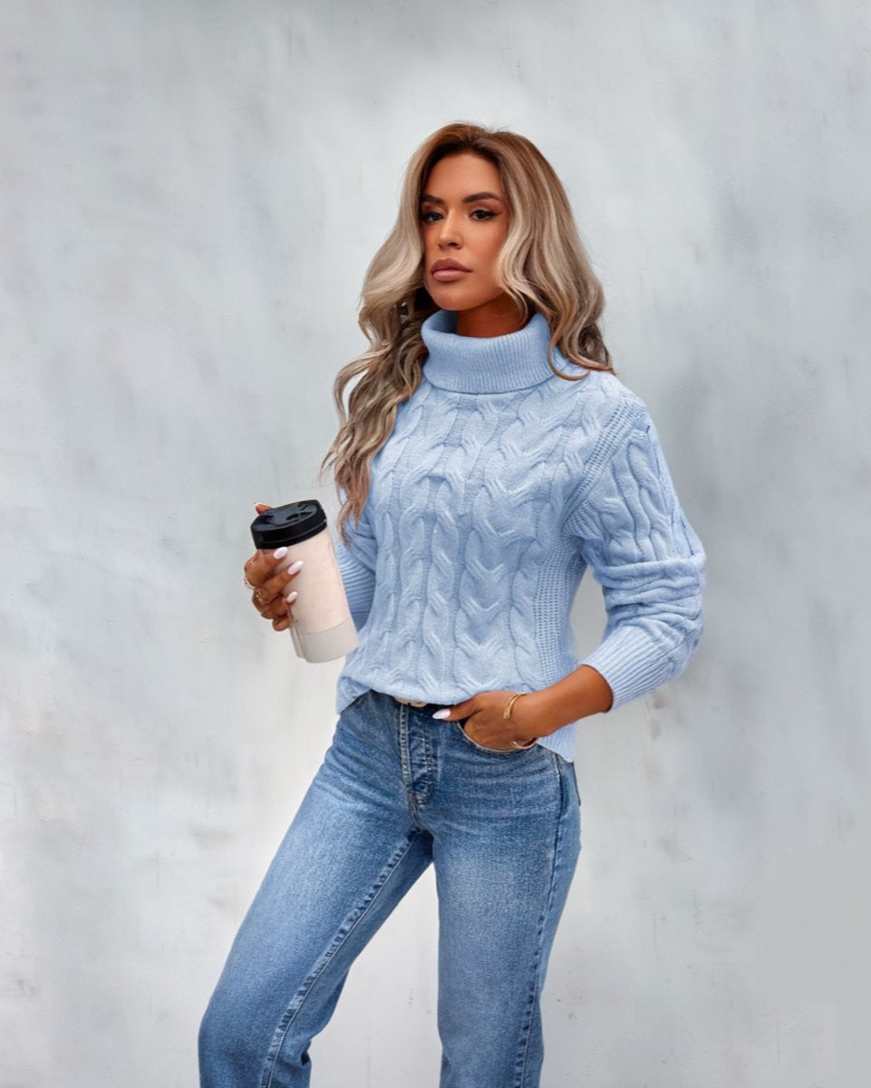 Agathe | Pull Long pour Femme Col Roulé Côtelé Tricot Épais Coupe Ample - Bleu