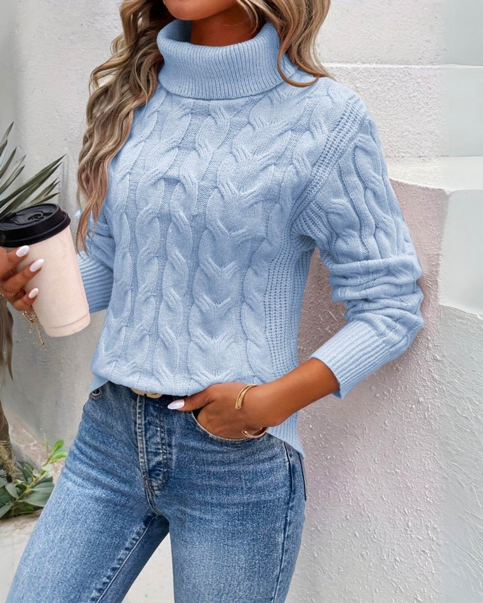 Agathe | Pull Long pour Femme Col Roulé Côtelé Tricot Épais Coupe Ample - Bleu