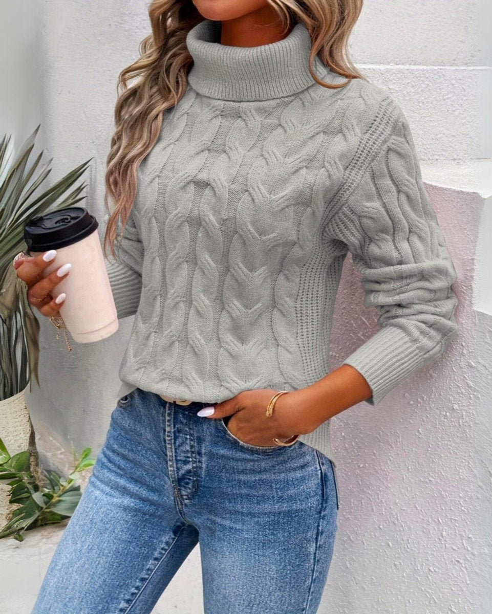 Agathe | Pull Long pour Femme Col Roulé Côtelé Tricot Épais Coupe Ample - Gris