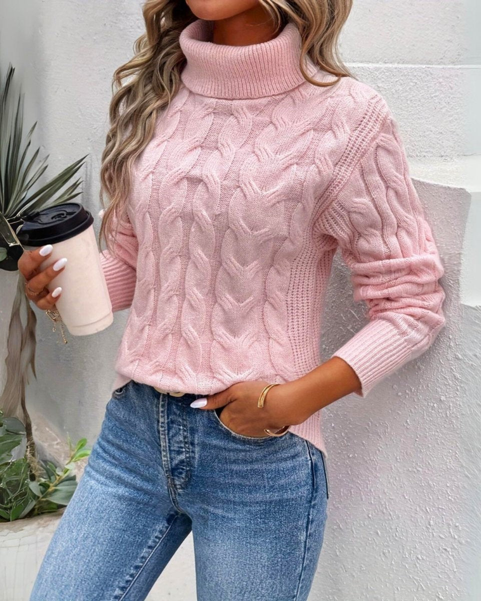 Agathe | Pull Long pour Femme Col Roulé Côtelé Tricot Épais Coupe Ample - Rose