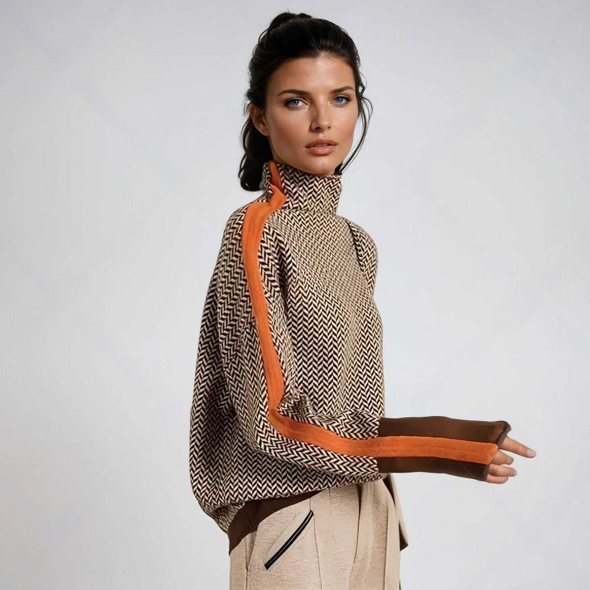 Agathe | Pull Oversize Femme Tissage Chevrons Col Roulé Liseré Contrasté - Orange