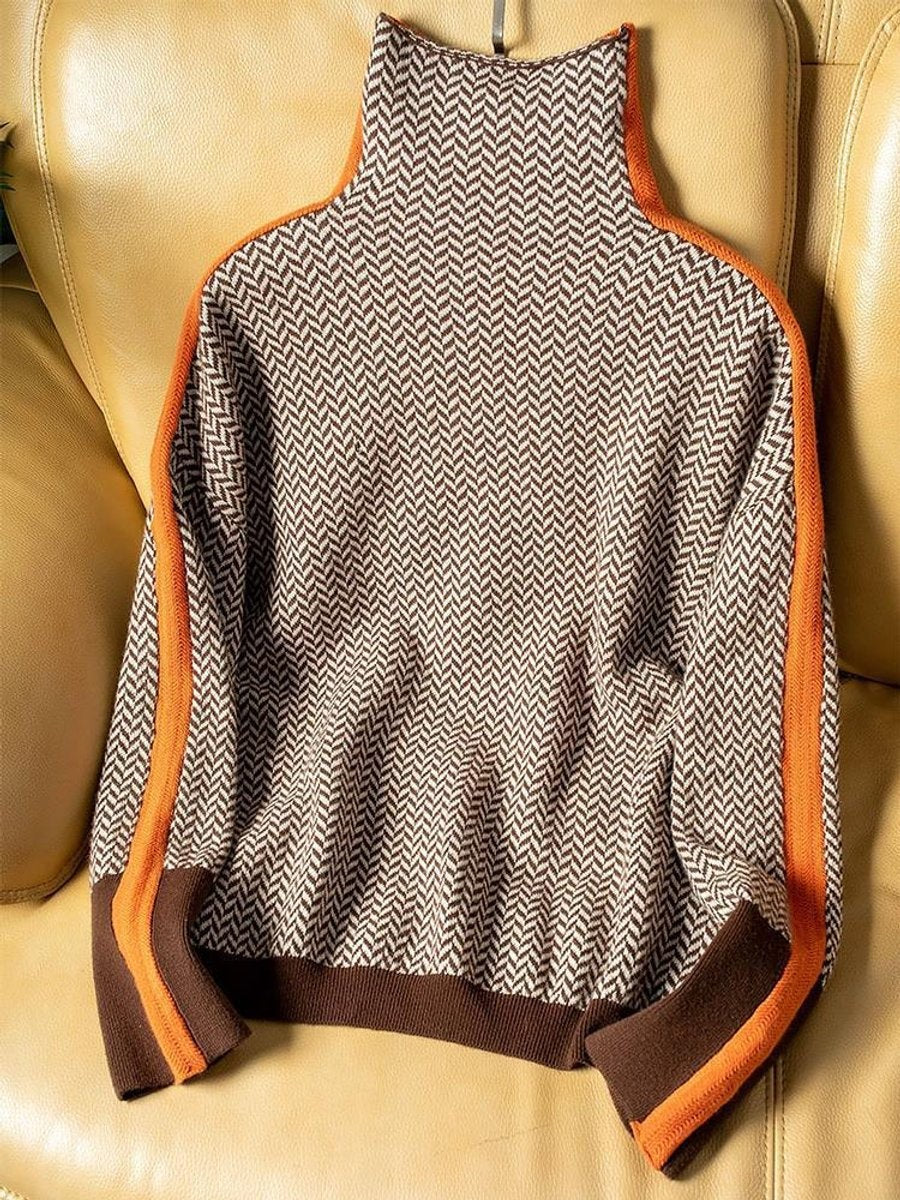 Agathe | Pull Oversize Femme Tissage Chevrons Col Roulé Liseré Contrasté - Orange