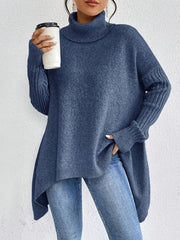 Agathe | Pull Oversize pour Femme Col Roulé Côtelé Ourlet Asymétrique - Bleu
