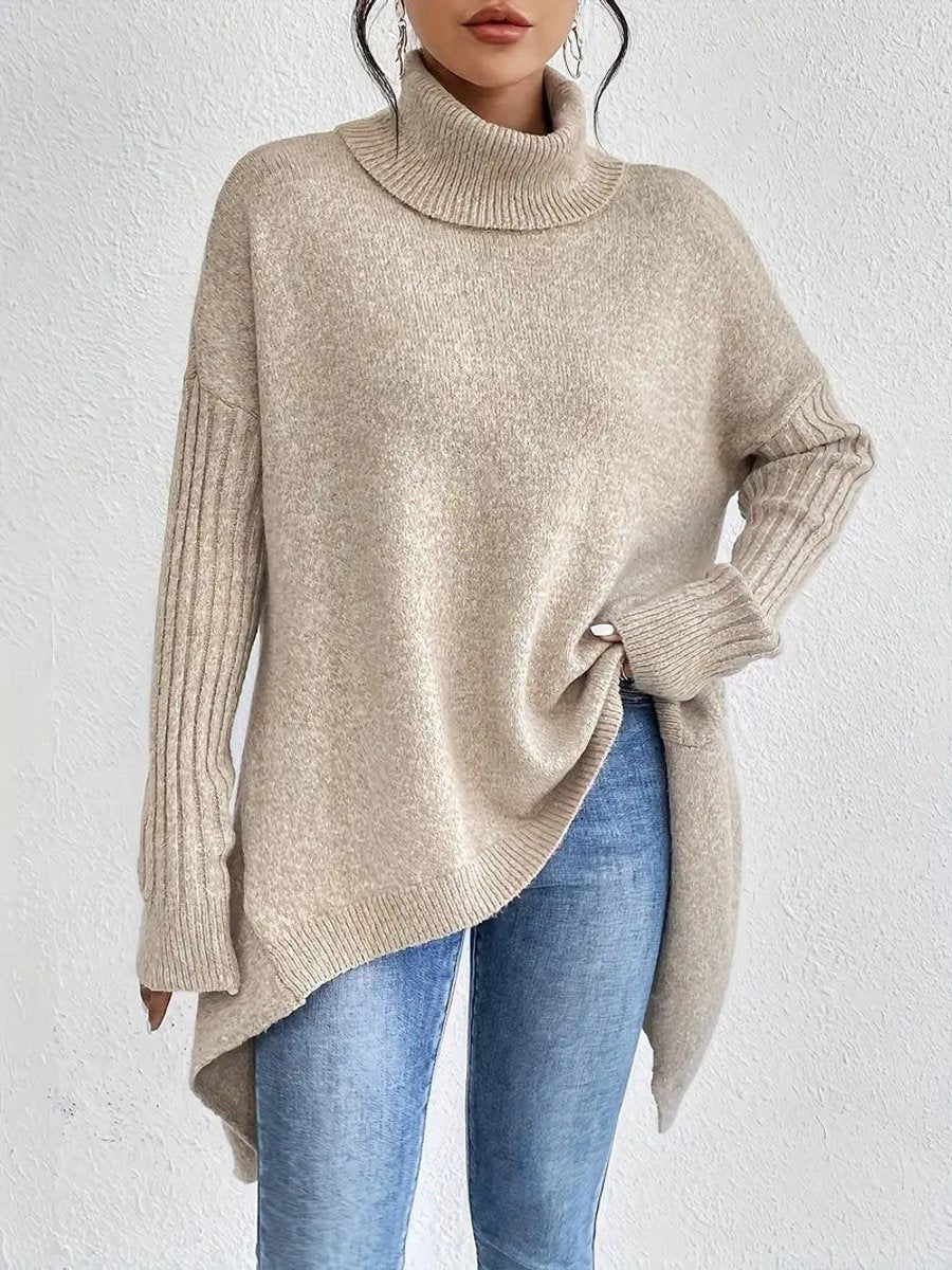 Agathe | Pull Oversize pour Femme Col Roulé Côtelé Ourlet Asymétrique - Bleu