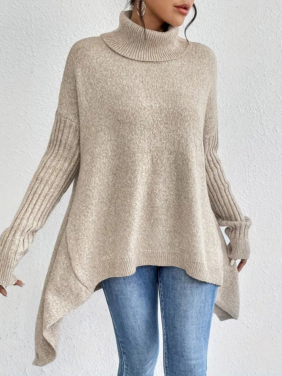 Agathe | Pull Oversize pour Femme Col Roulé Côtelé Ourlet Asymétrique - Bleu