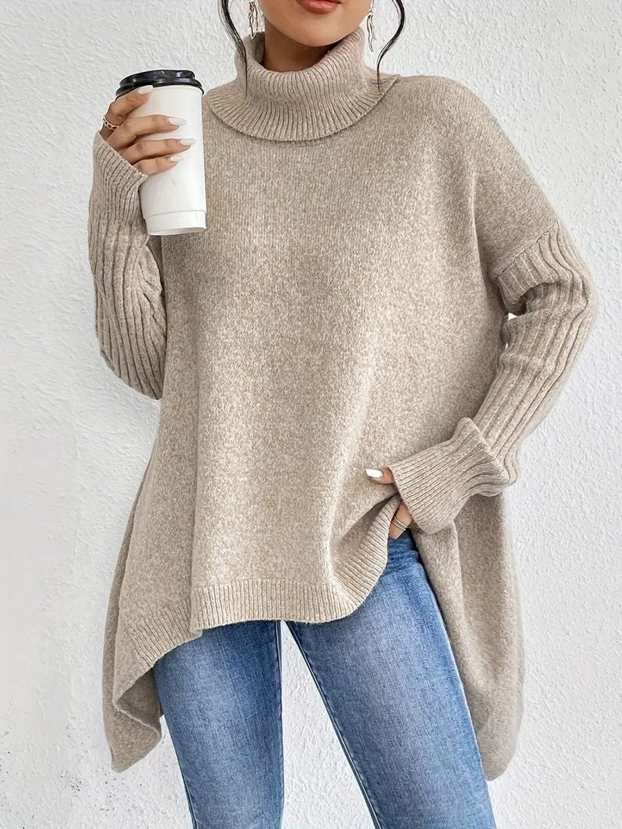 Agathe | Pull Oversize pour Femme Col Roulé Côtelé Ourlet Asymétrique - Kaki