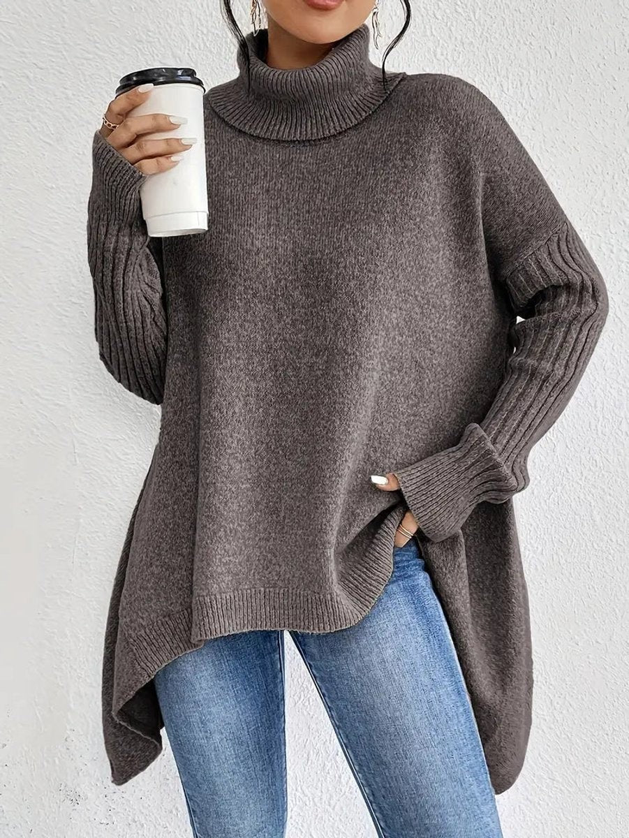 Agathe | Pull Oversize pour Femme Col Roulé Côtelé Ourlet Asymétrique - Marron