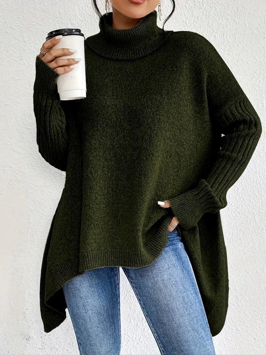 Agathe | Pull Oversize pour Femme Col Roulé Côtelé Ourlet Asymétrique - Vert
