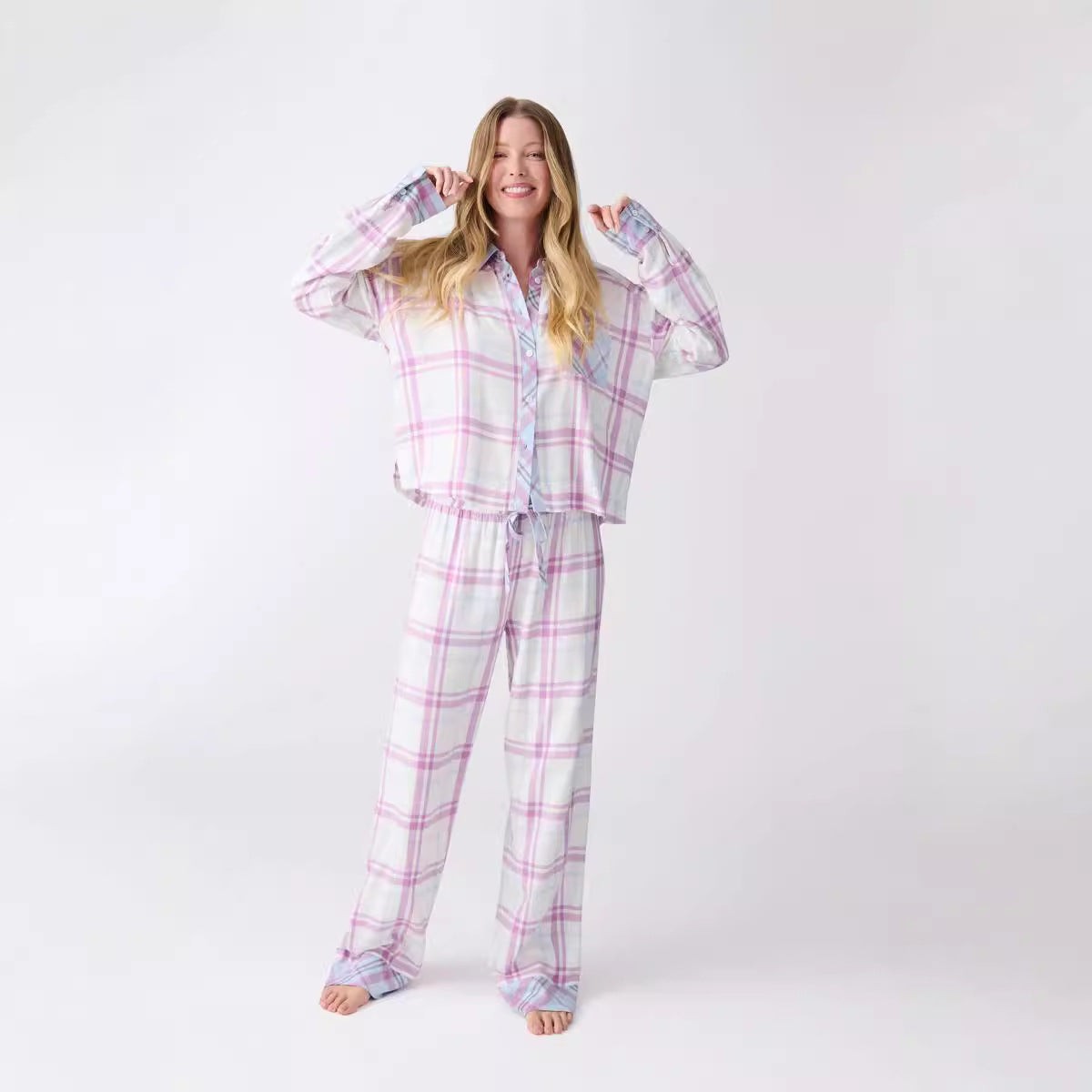 Agathe | Pyjama Femme Coupe Ample Motif Carreaux Manches Longues Boutonnée - Violet