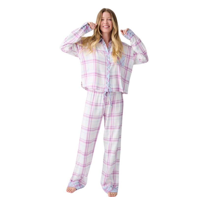 Agathe | Pyjama Femme Coupe Ample Motif Carreaux Manches Longues Boutonnée - Violet