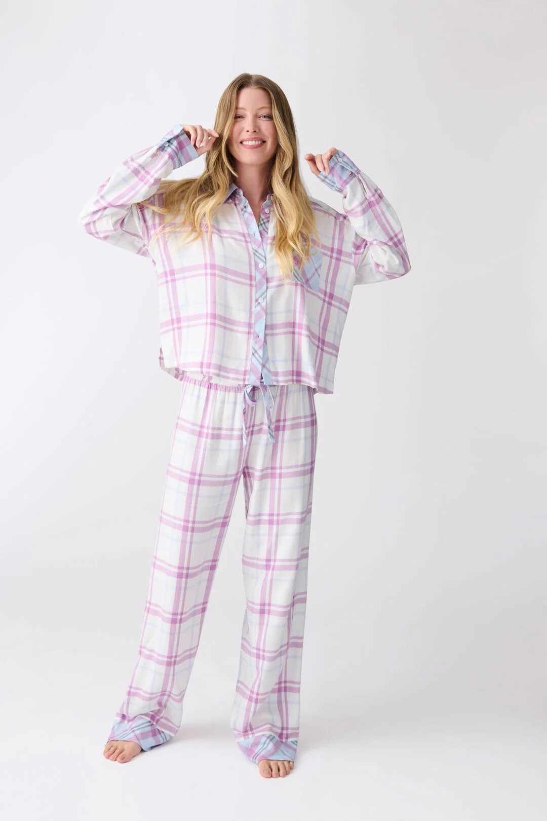 Agathe | Pyjama Femme Coupe Ample Motif Carreaux Manches Longues Boutonnée - Violet