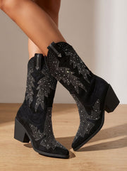 Alice | Bottes Cowboy pour Femme Talon Bloc Ornementation Strass Mi-Mollet - Noir