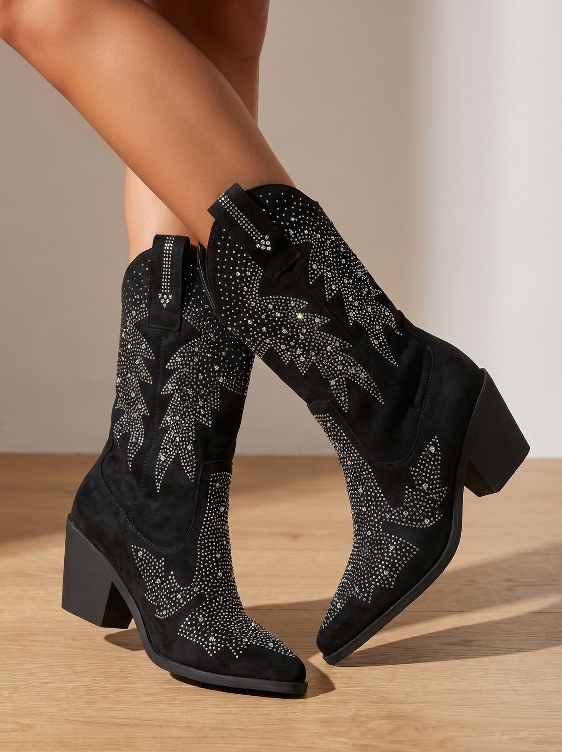 Alice | Bottes Cowboy pour Femme Talon Bloc Ornementation Strass Mi-Mollet - Noir