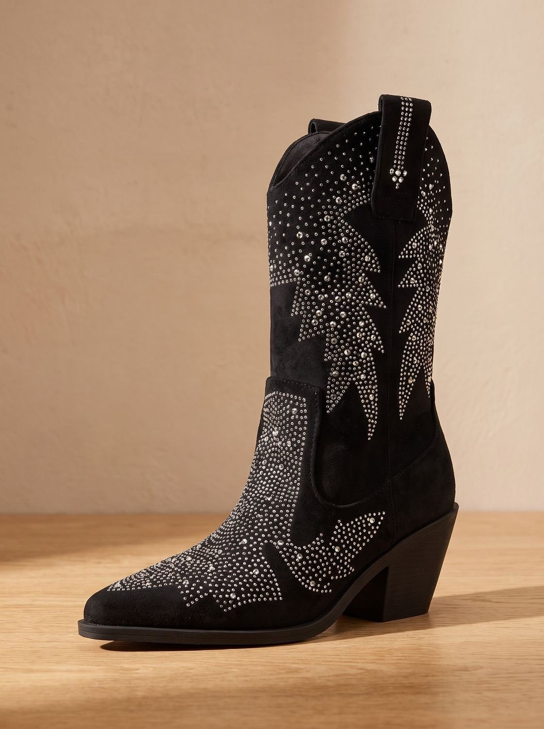 Alice | Bottes Cowboy pour Femme Talon Bloc Ornementation Strass Mi-Mollet - Noir