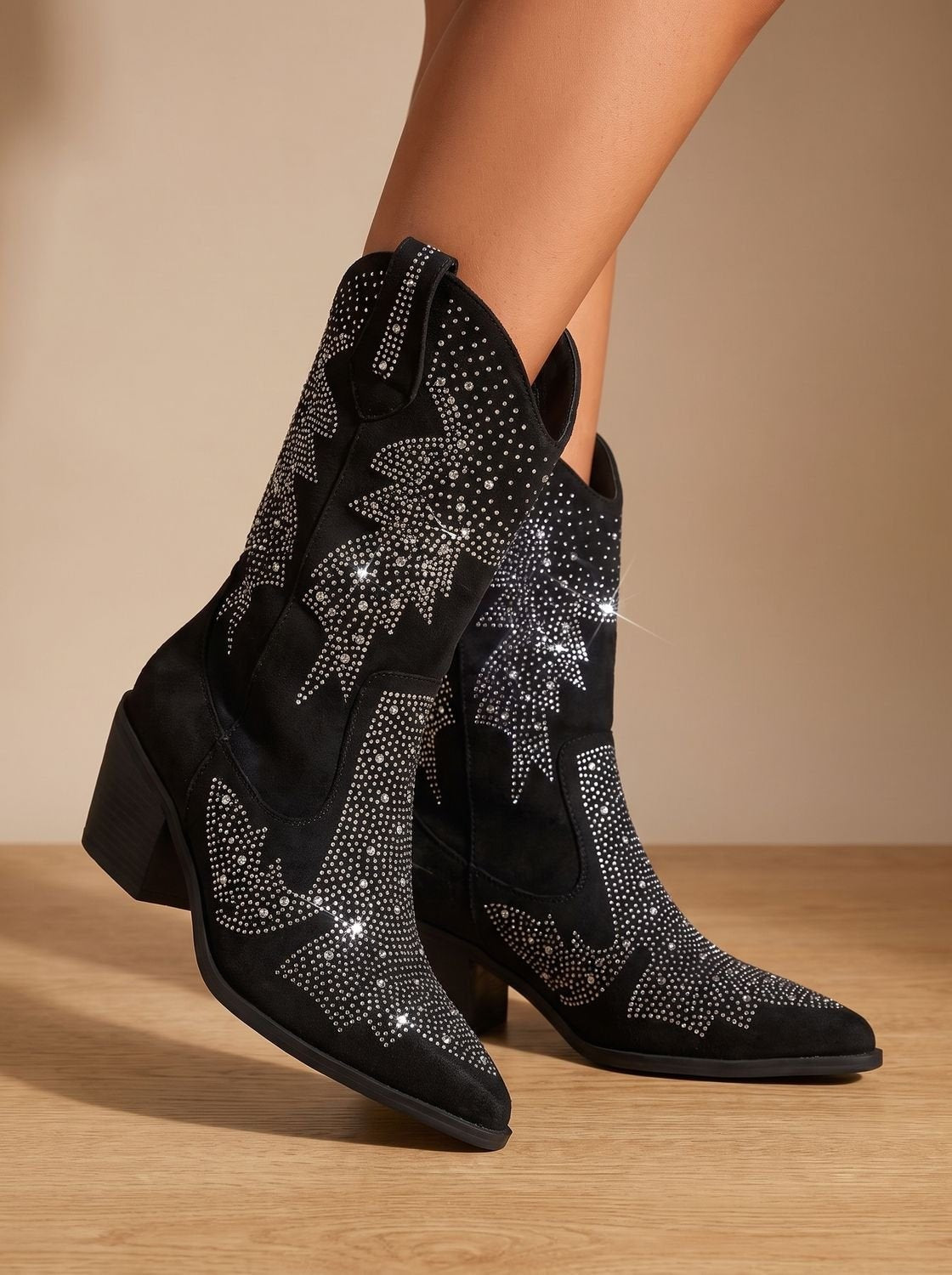 Alice | Bottes Cowboy pour Femme Talon Bloc Ornementation Strass Mi-Mollet - Noir