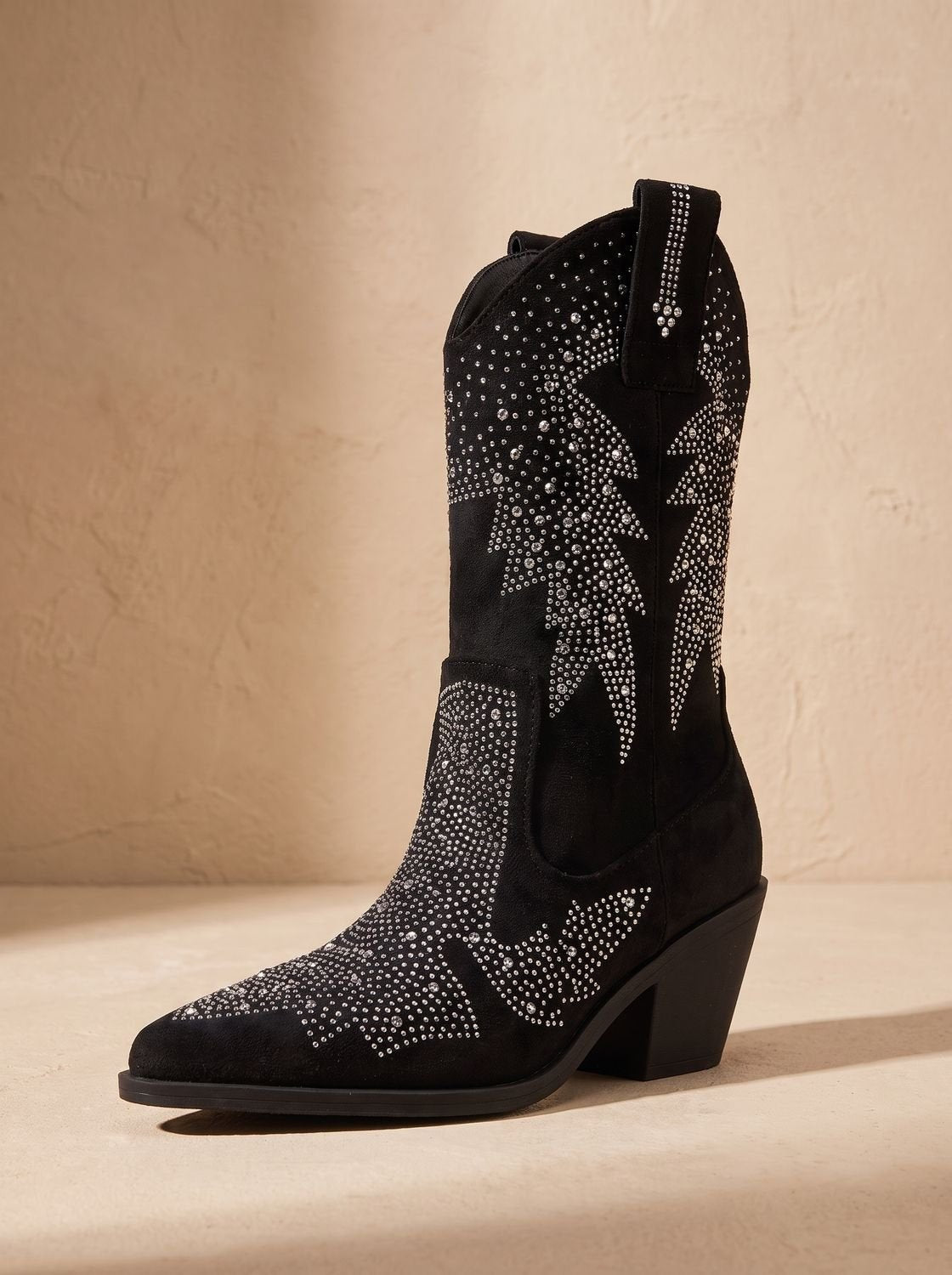 Alice | Bottes Cowboy pour Femme Talon Bloc Ornementation Strass Mi-Mollet - Noir