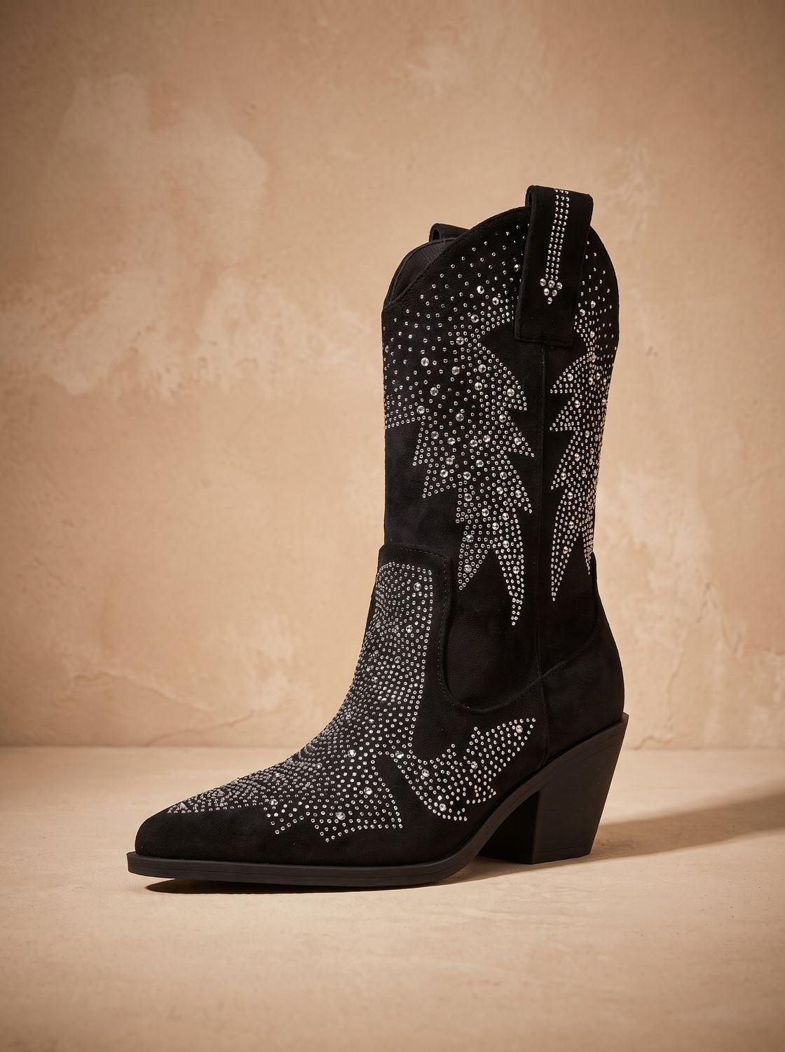 Alice | Bottes Cowboy pour Femme Talon Bloc Ornementation Strass Mi-Mollet - Noir