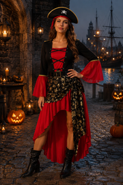 Alice | Déguisement Halloween Femme Corsage Laçage Manches Cloche Asymétrique Costume Pirate - Rouge