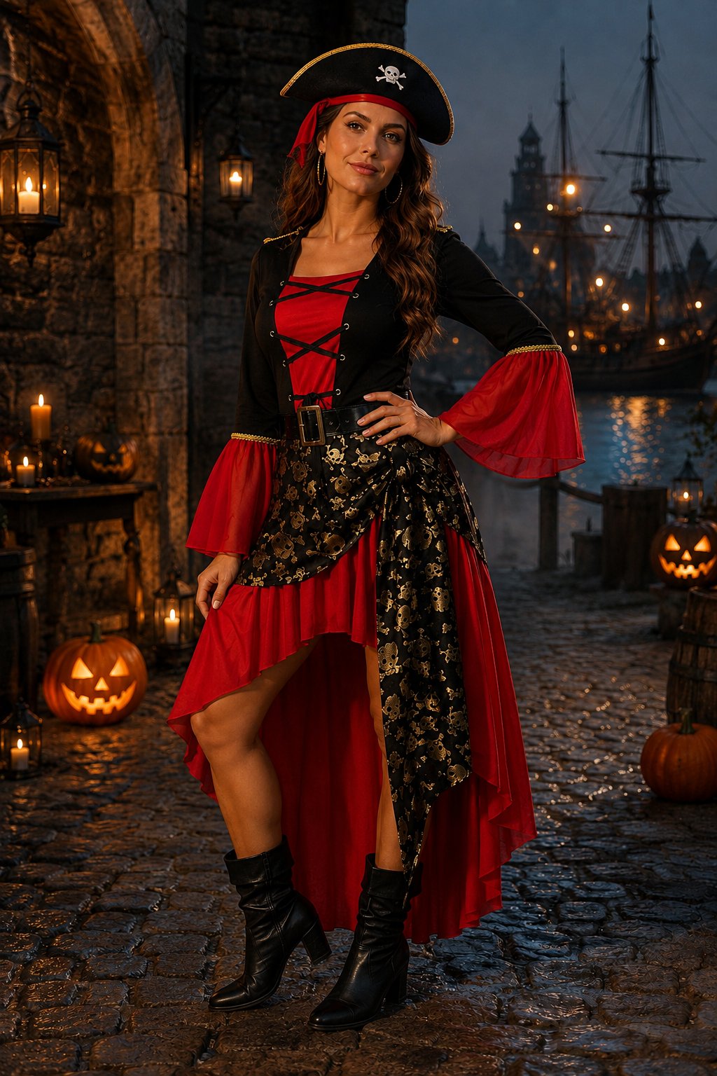 Alice | Déguisement Halloween Femme Corsage Laçage Manches Cloche Asymétrique Costume Pirate - Rouge