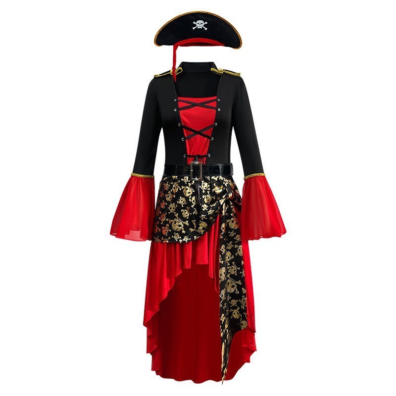 Alice | Déguisement Halloween Femme Corsage Laçage Manches Cloche Asymétrique Costume Pirate - Rouge