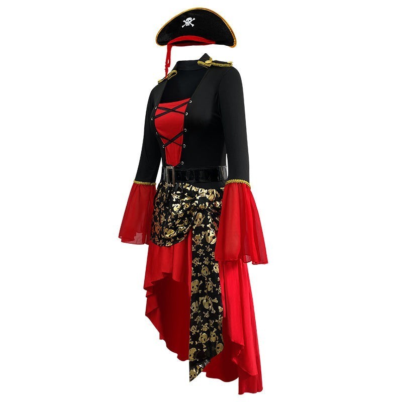 Alice | Déguisement Halloween Femme Corsage Laçage Manches Cloche Asymétrique Costume Pirate - Rouge