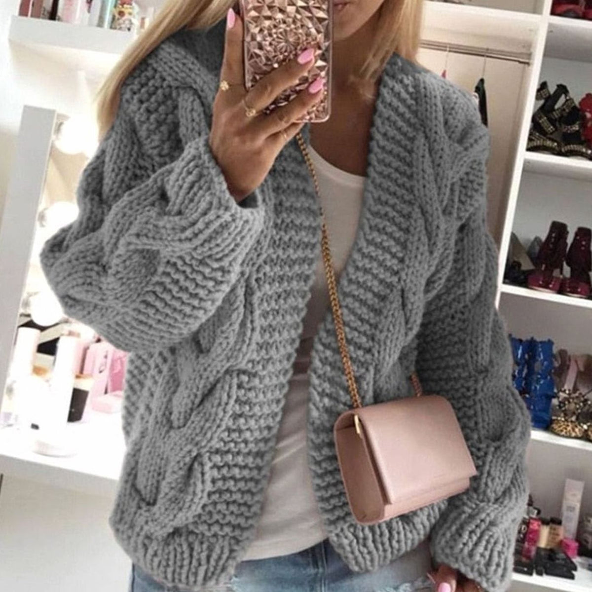 Alice | Gilet Oversize pour Femme Tricot Épais Ouvert Coupe Ample - Gris